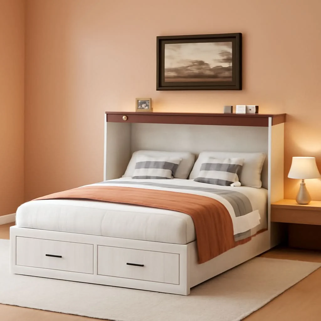 Convenient Queen Murphy Bed Frame Integrated Charging Station White Lightweight