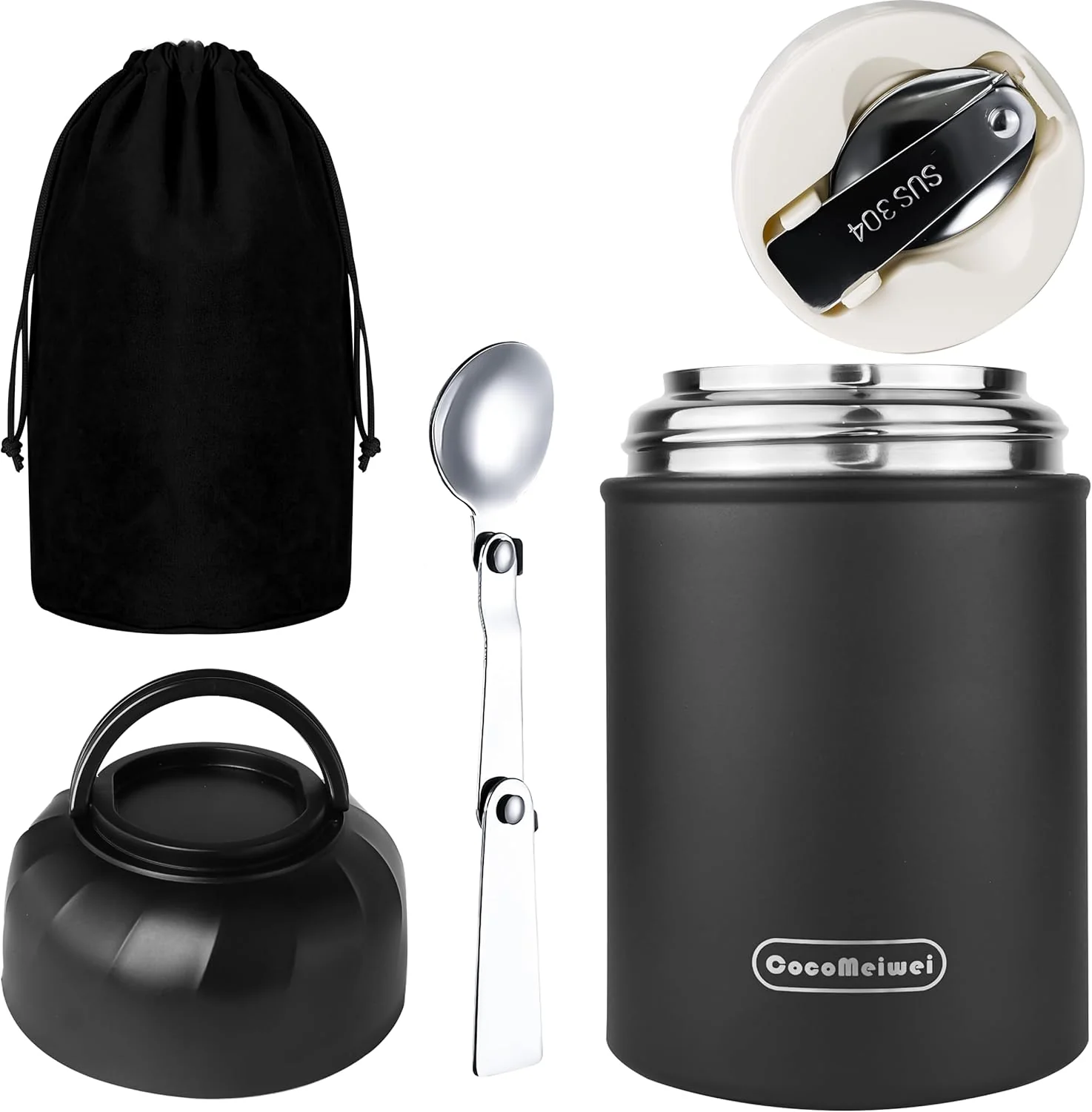 High-Quality Thermo for Hot Food Drinks Thermo Lunch Box 17oz Vacuum Insulated Food Container with Spoon Drawstring Bag Soup Thermo for Adults Black Specialty