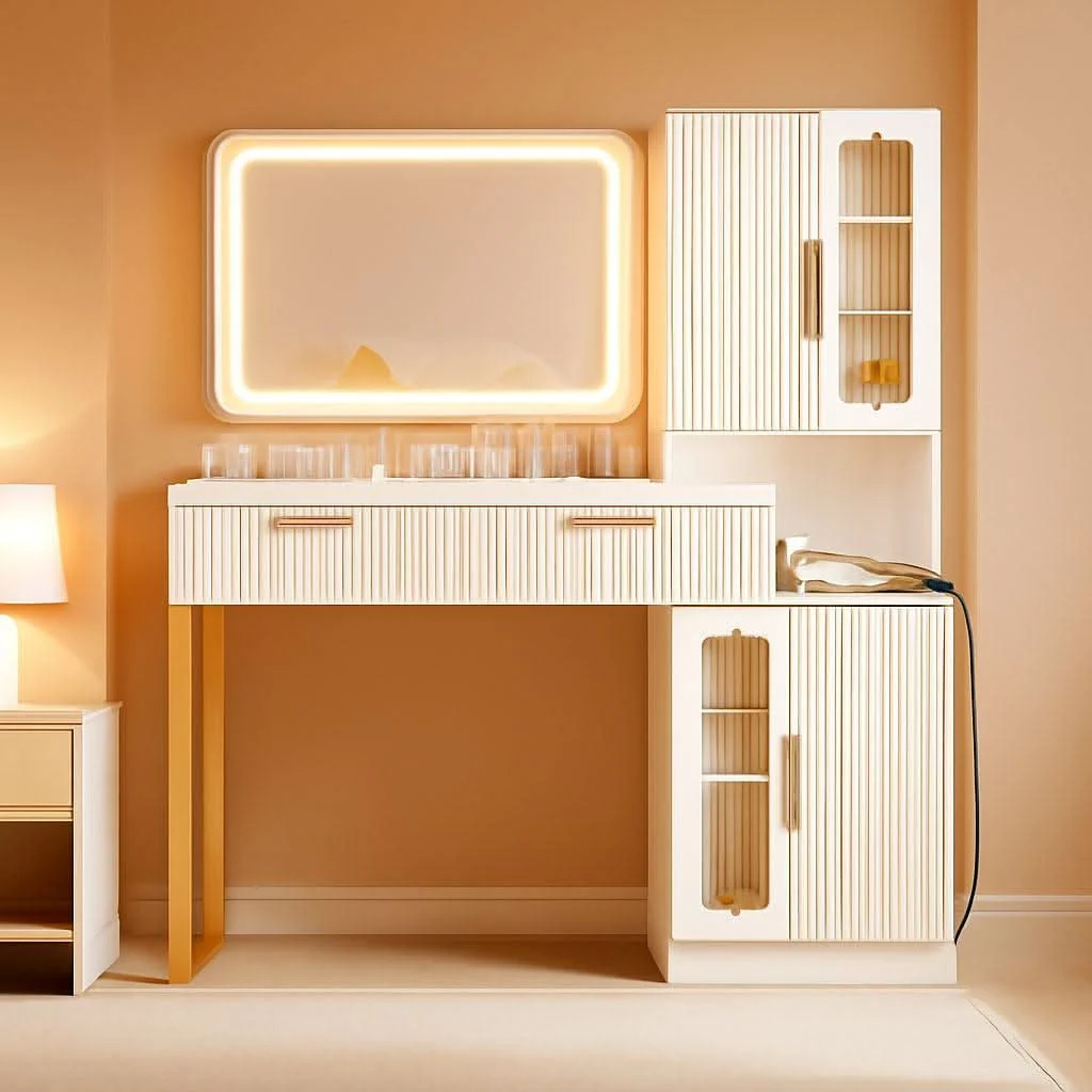 Natural 45-Inch Cosmetic Vanity Desk With LED Ambient Light Minimalist
