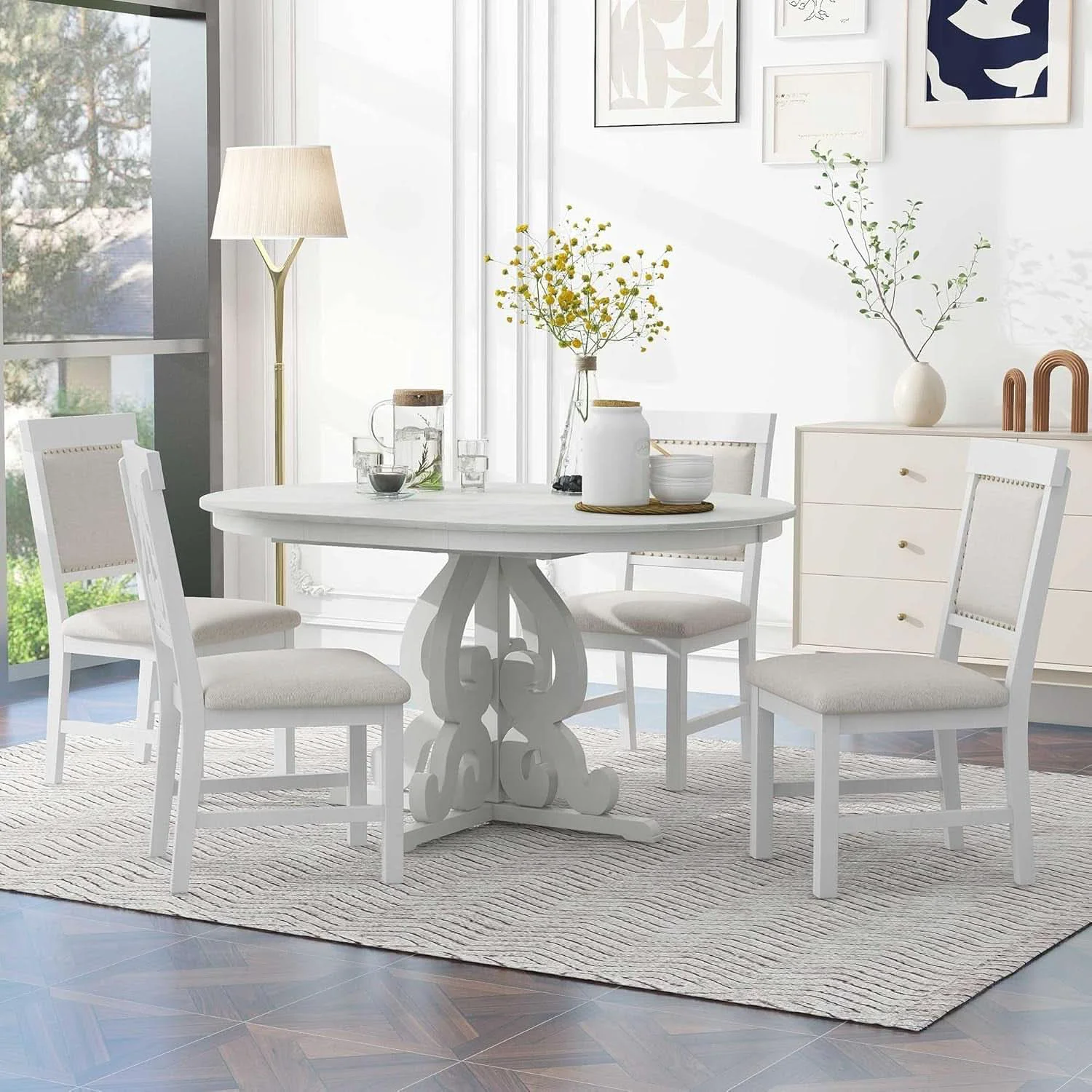 Traditional Round Solid Wood Dining Table Set Four Trendy
