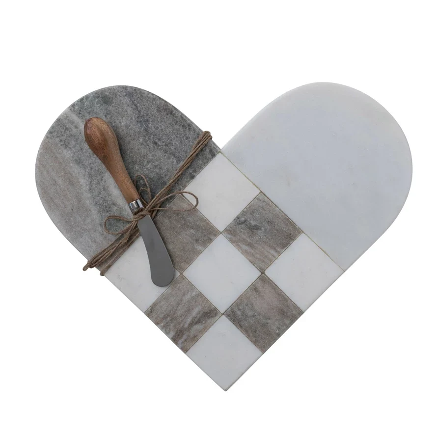 Casual Two-Tone Marble Heart Shaped Cheese Cutting Board w Canape Knife - Grey White Expertly Made