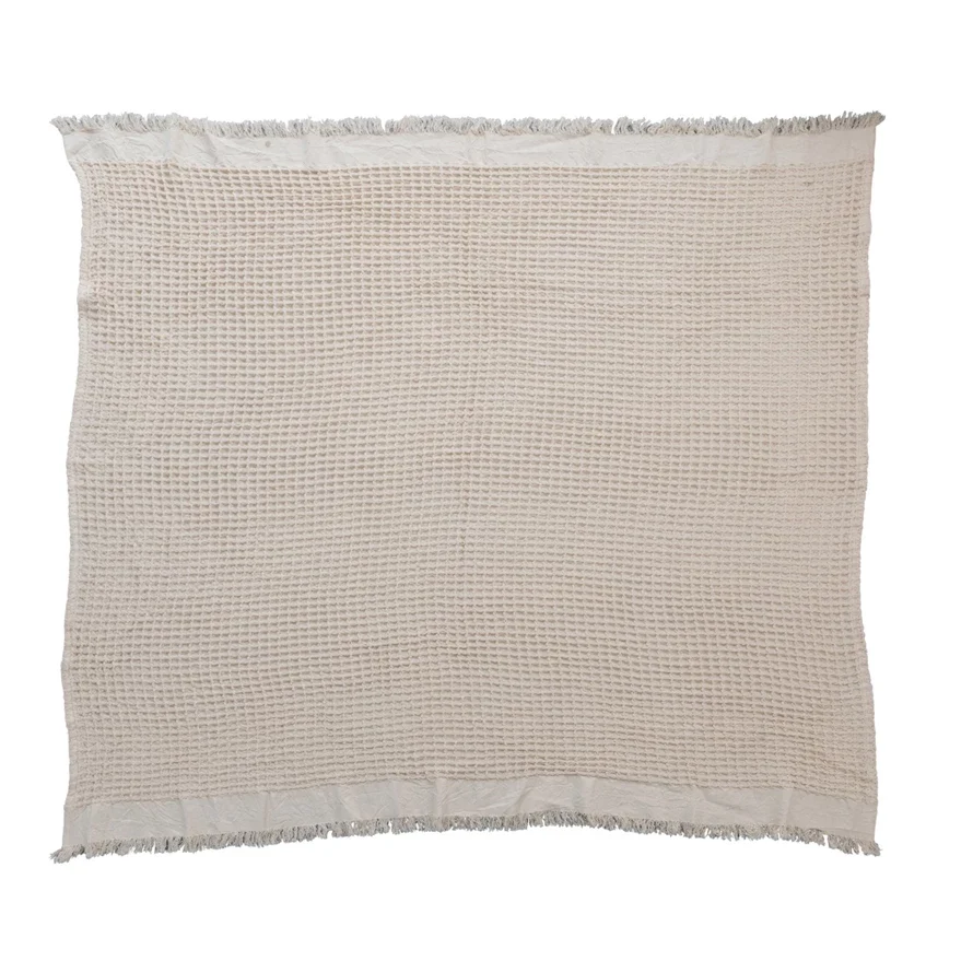 Green Cotton Waffle Weave Throw w Fringe Expertly Made