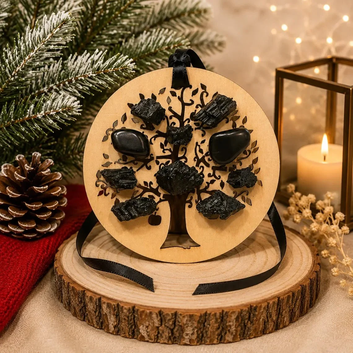 Lightweight Tourmaline Crystal Wood Tree of Life Christmas Ornament Effective