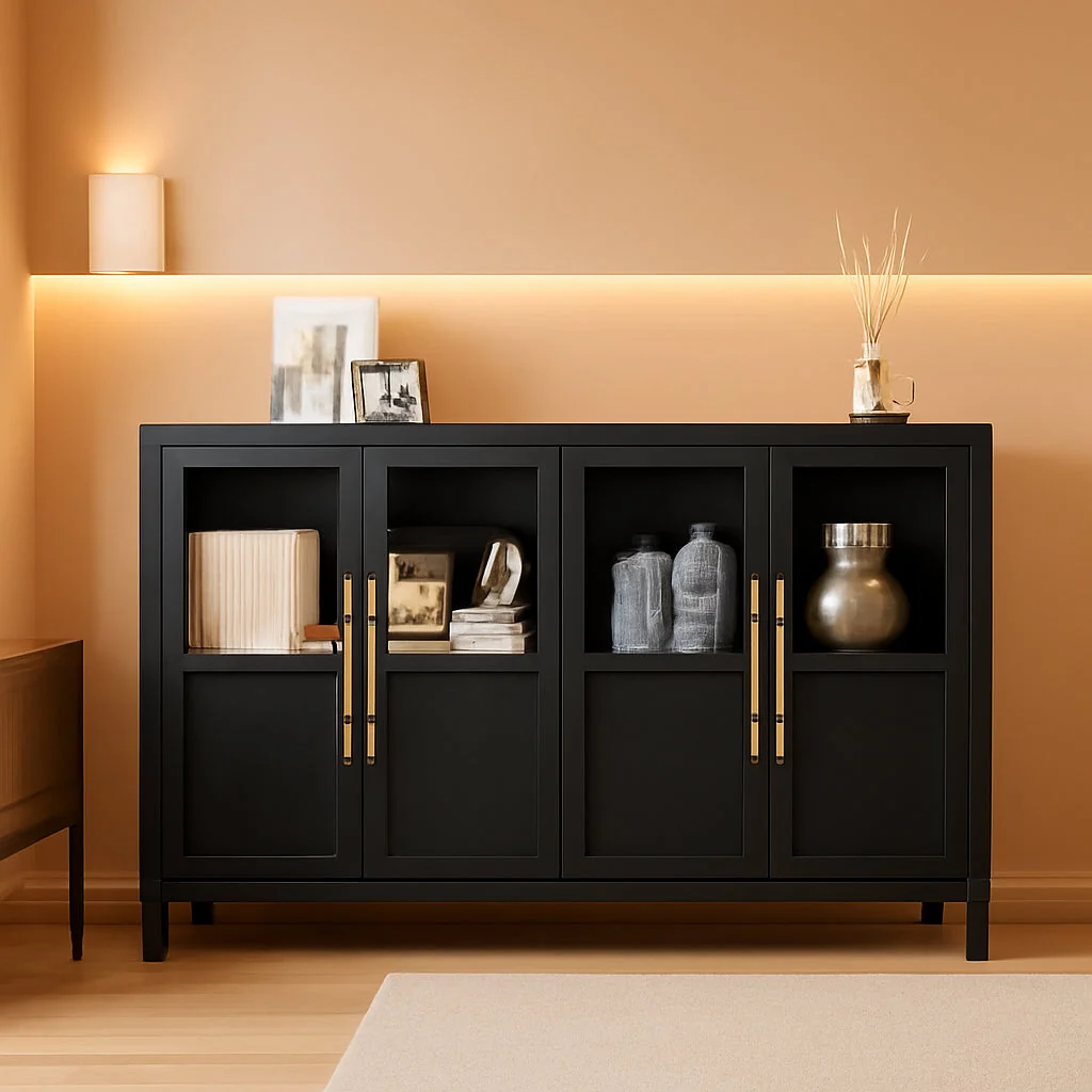 Enhanced Glass Door Sideboard Cabinet 55Inch Contemporary Walnut Solid