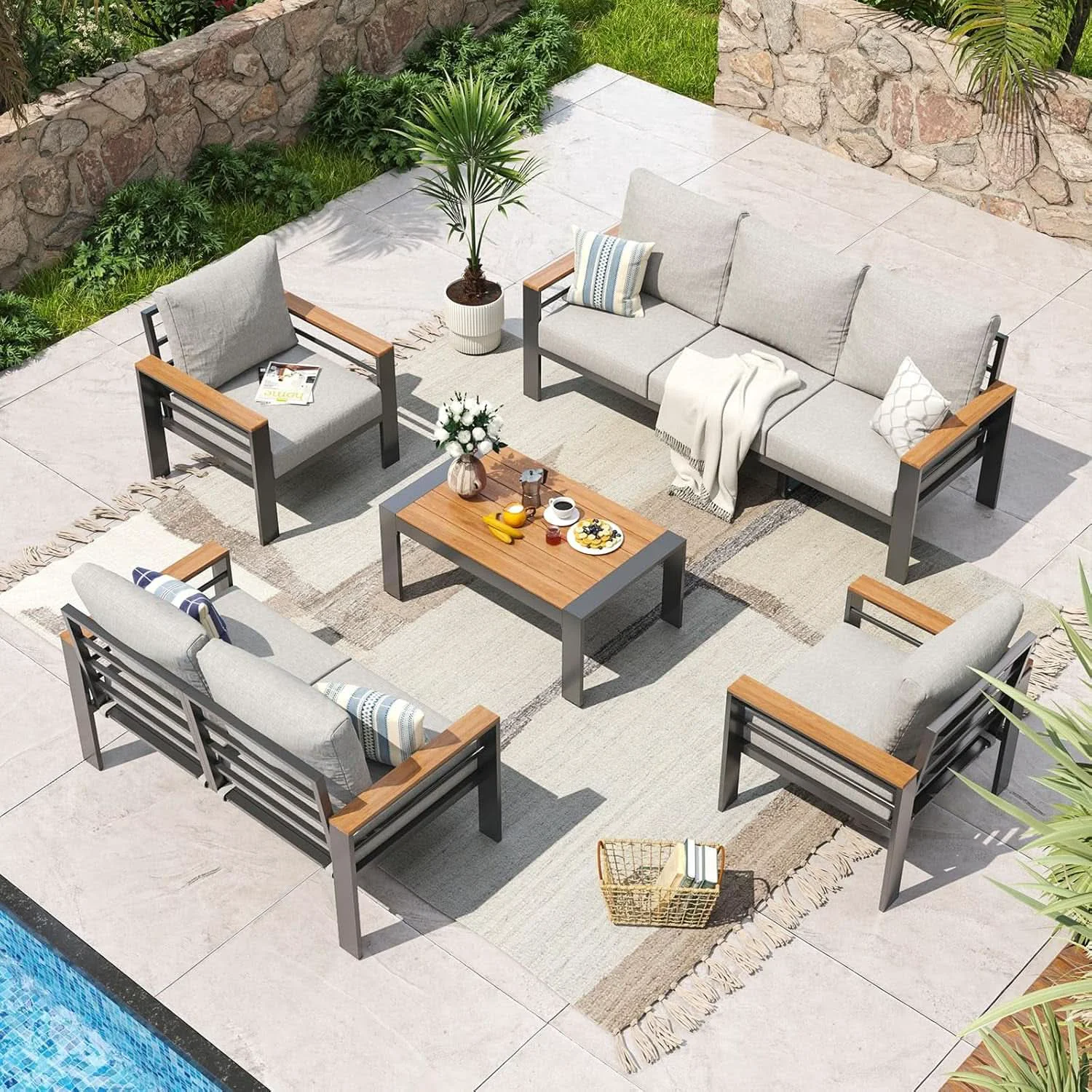 Detailed Oversized Aluminum Patio Furniture Set with Thick Cushions Fine