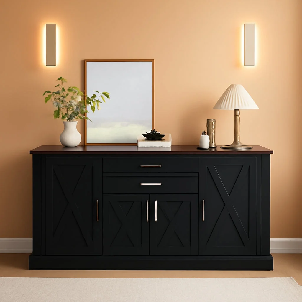 Elegant 63Inch Charcoal Farmhouse Barn Door Sideboard Cabinet Safe