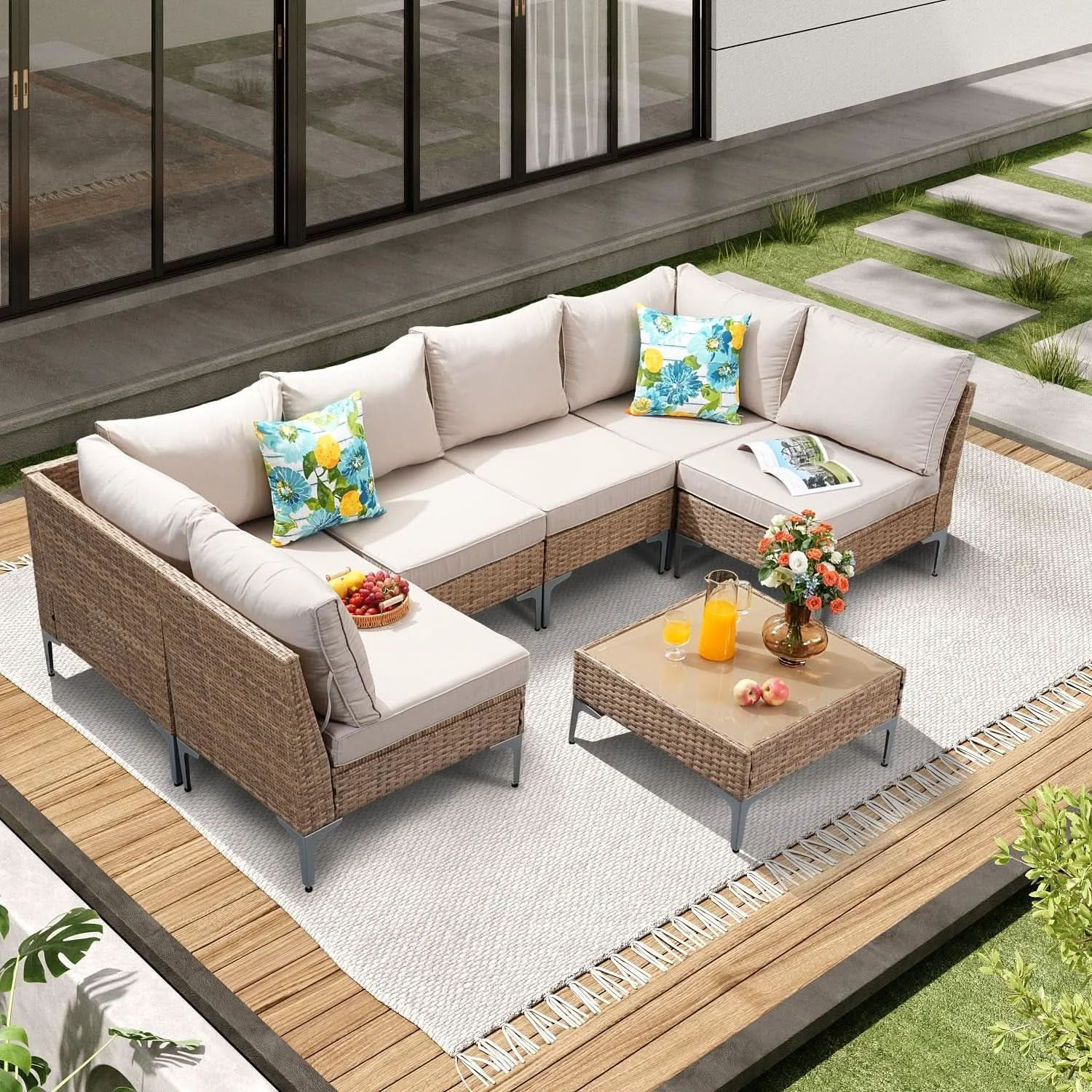Artisan Seven Piece Wicker Patio Furniture Set with Cushions First-Class
