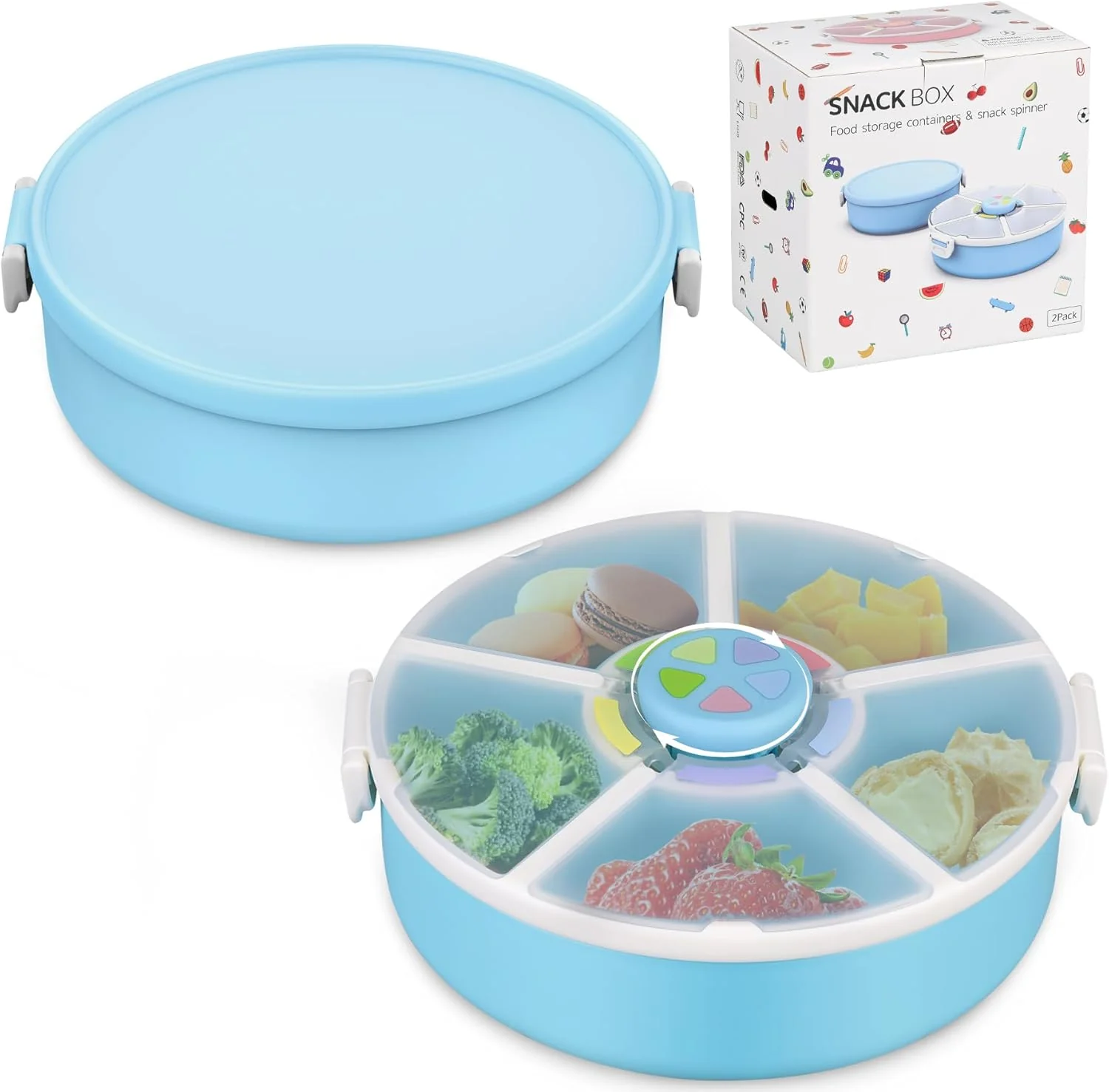 Secure Kids' Rotating Snack Container Set – 2-Pack Includes 1 Rotating Snack Container 1 Round Sectioned Snack Box BPA- Dishwasher Safe Casual