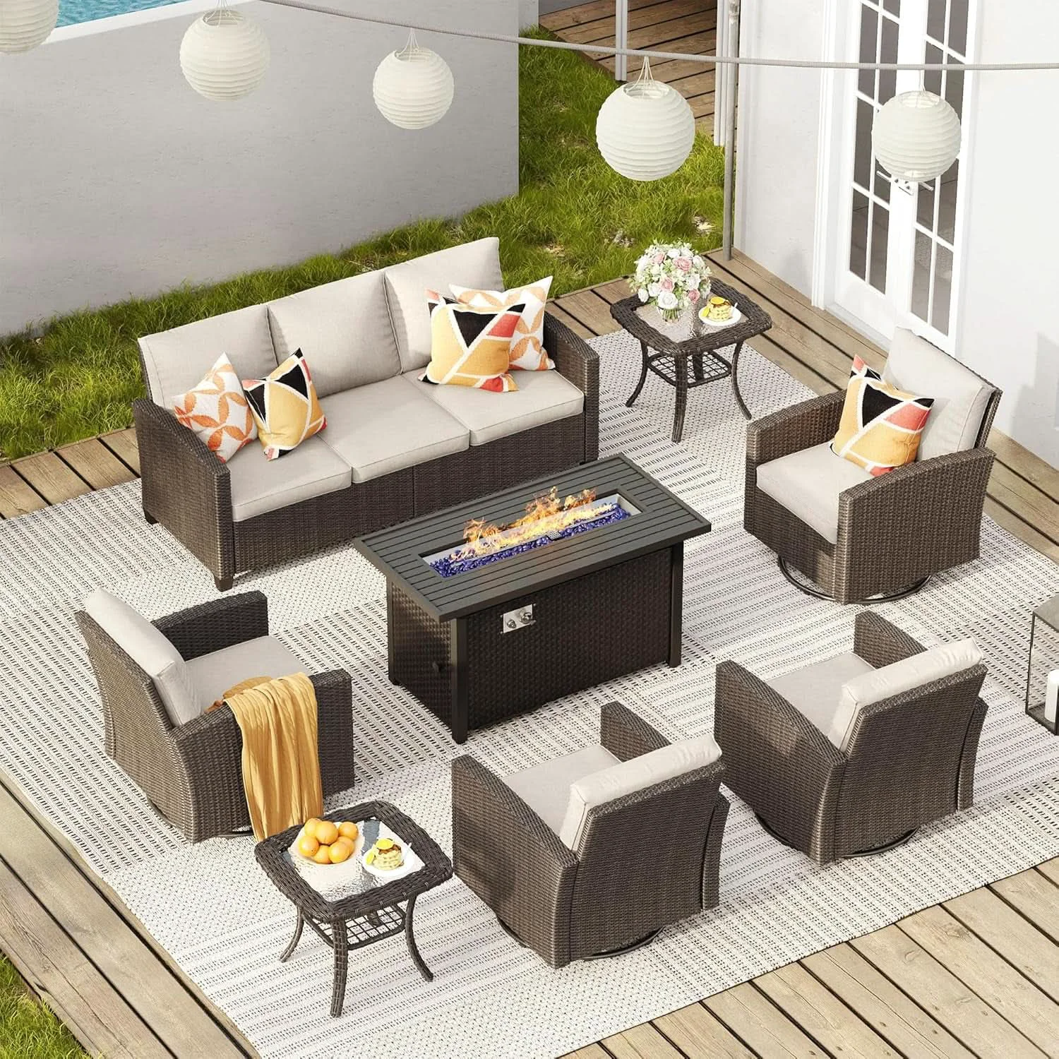 Outstanding Eight Piece Outdoor Patio Furniture Set with Firepit Genuine