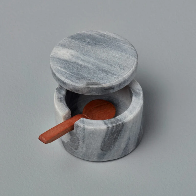 User-Friendly Gray Marble Lidded Cellar with Wood Spoon Trendy