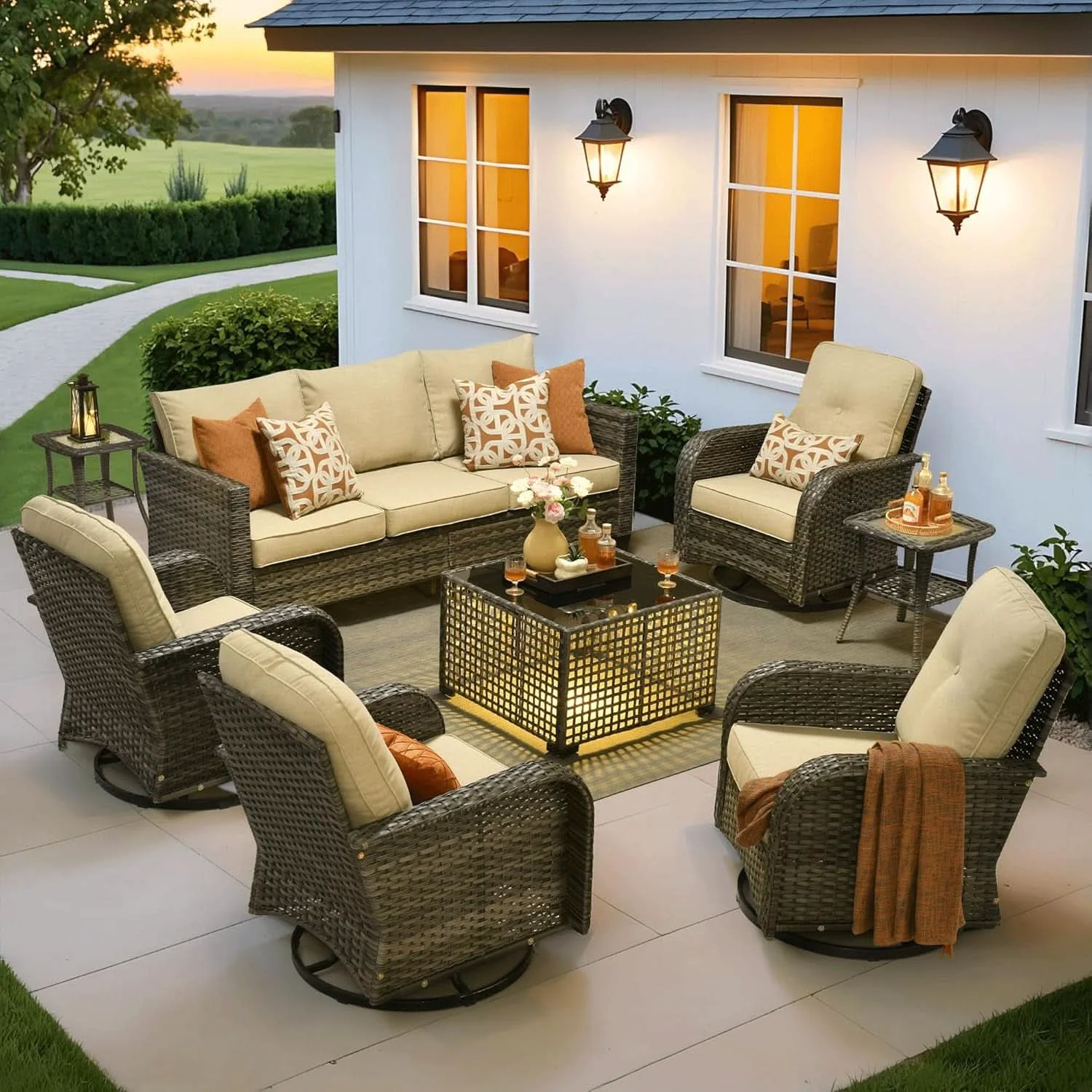 High-End Modern Outdoor Wicker Furniture Set with Swivel Rocking Chairs Expertly Made