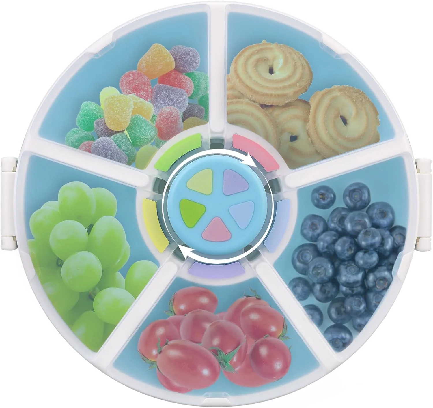 Quality Kids Reusable Rotating Snack Container with 5 Separate Compartments Color Matching Opening Lid BPA PVC- Dishwasher Safe for Travel Superior