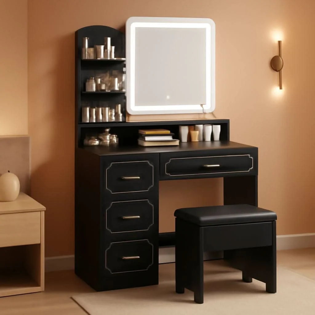 Superior Black Vanity Table With Illuminated Mirror Outlets Trusted