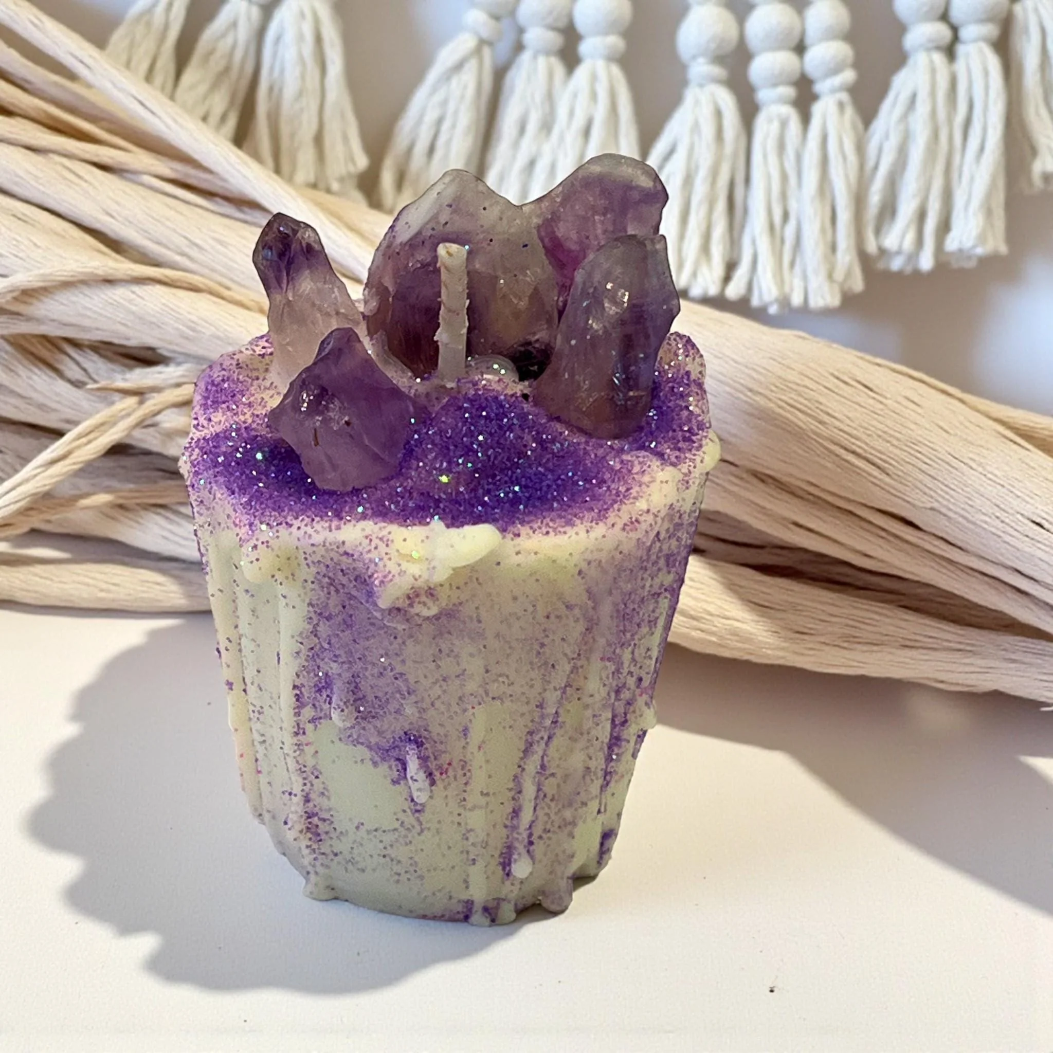 Organic Intentional Soy Votive Drip Candle Amethyst Crystal with Purple Glitter Breathable
