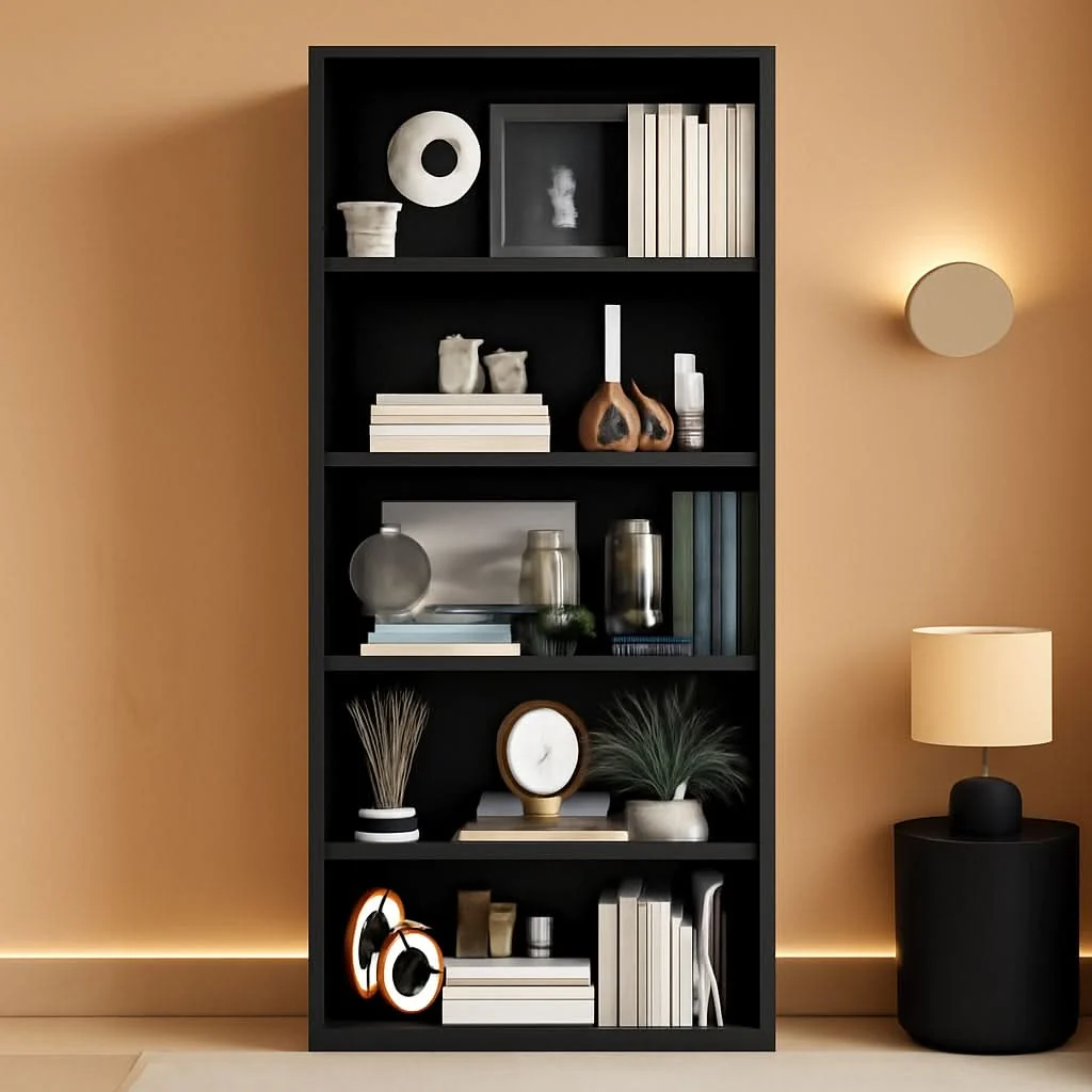 Breathable Six Tier Open Bookcase Tall standing Shelving Black Solid