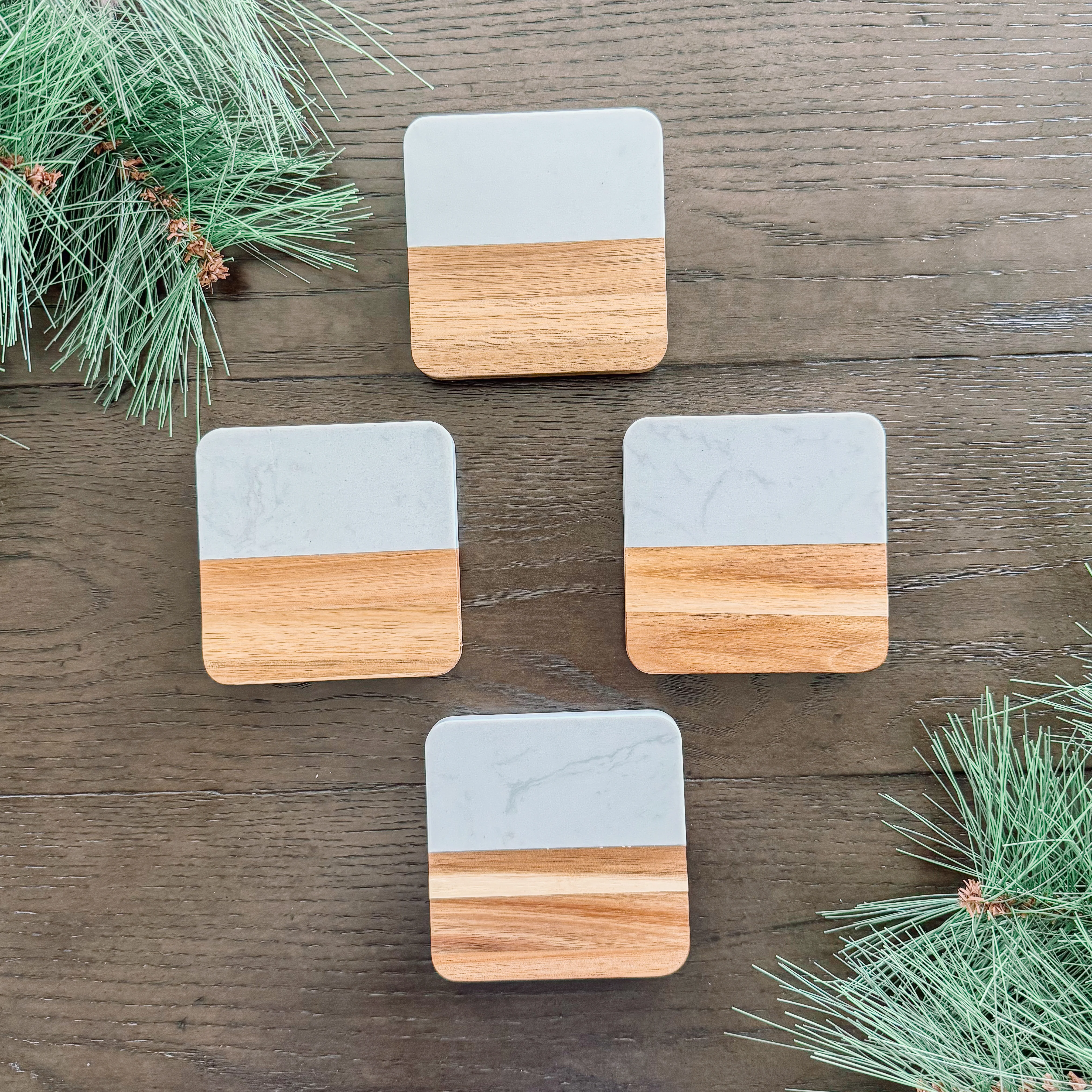 Powerful Square Marble Acacia Coasters Contemporary