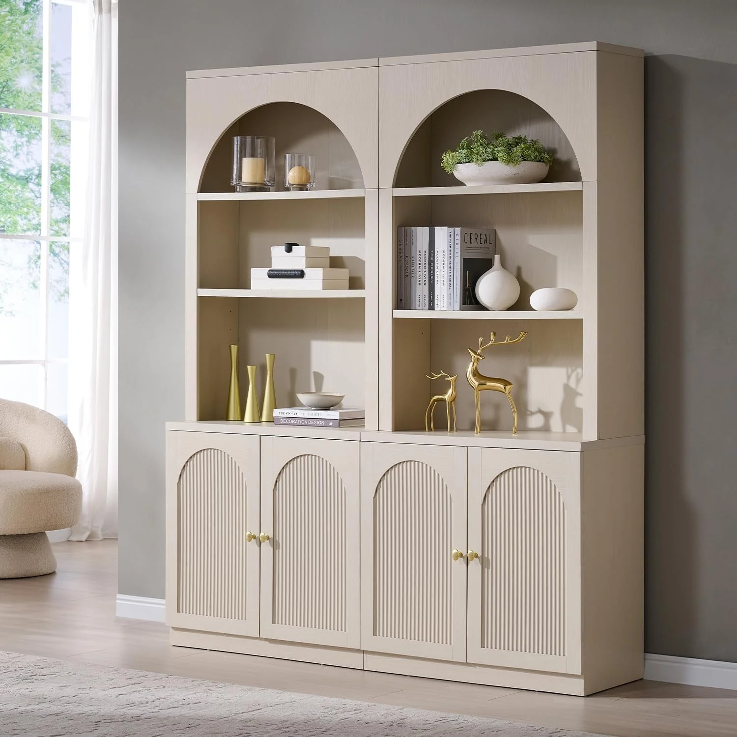 Selected Cream Arched Fluted Bookcase With Adjustable Shelving Lightweight