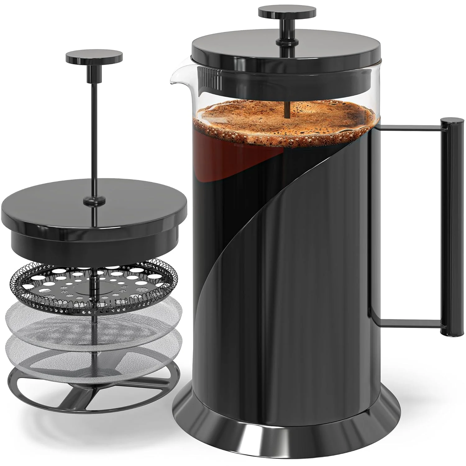 Unique Cafe Du Chateau Stainless Steel French Press Coffee Maker - 34oz Insulated Coffee Press with 4-Level Filtration BPA Durable Glass Soft