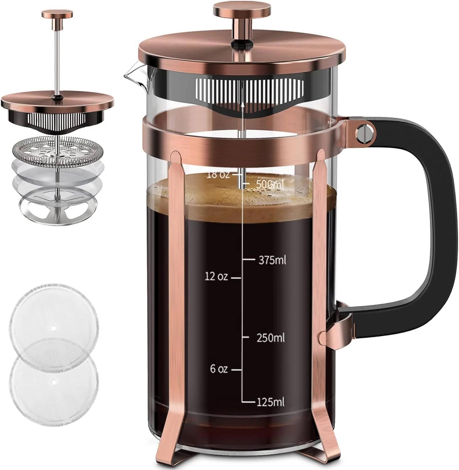 Expertly Made QUQIYSO French Press Coffee Maker Borosilicate Glass Coffee Press Thickened Glass Stainless Steel Coffee French Press Easy to Clean 4 Filter Suitable for Kitche Camping Gifts 21oz Copper Functional