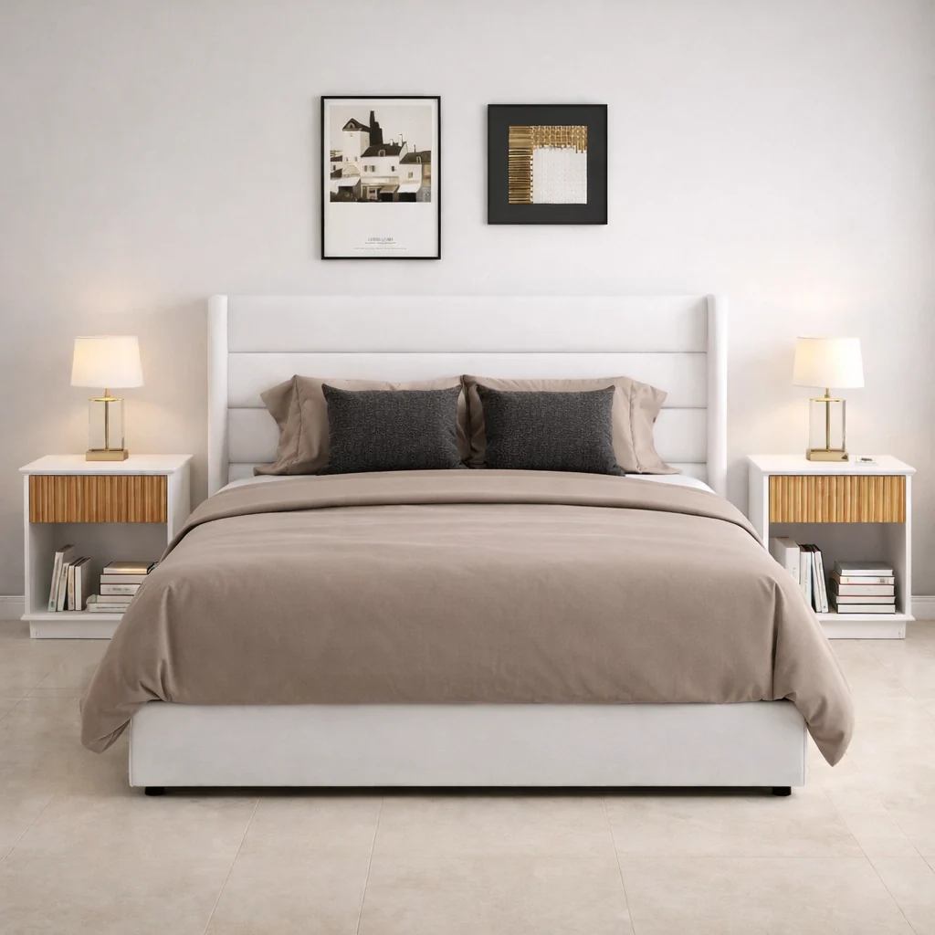 Selected Queen Velvet Hydraulic Storage Bed with 2 Fluted Nightstands Pure