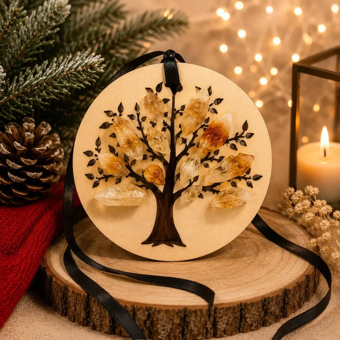 Functional Citrine Crystal Tree of Life Christmas Ornament Cottagecore Holiday Durable