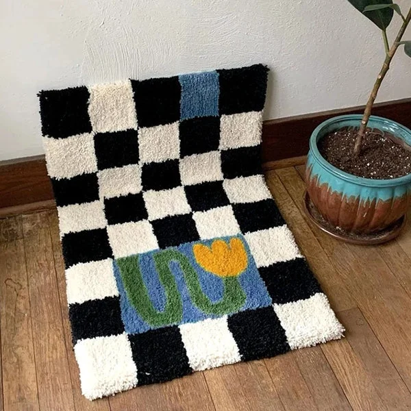 Prestigious Fluffy Abstract Checkered Rug Exceptional
