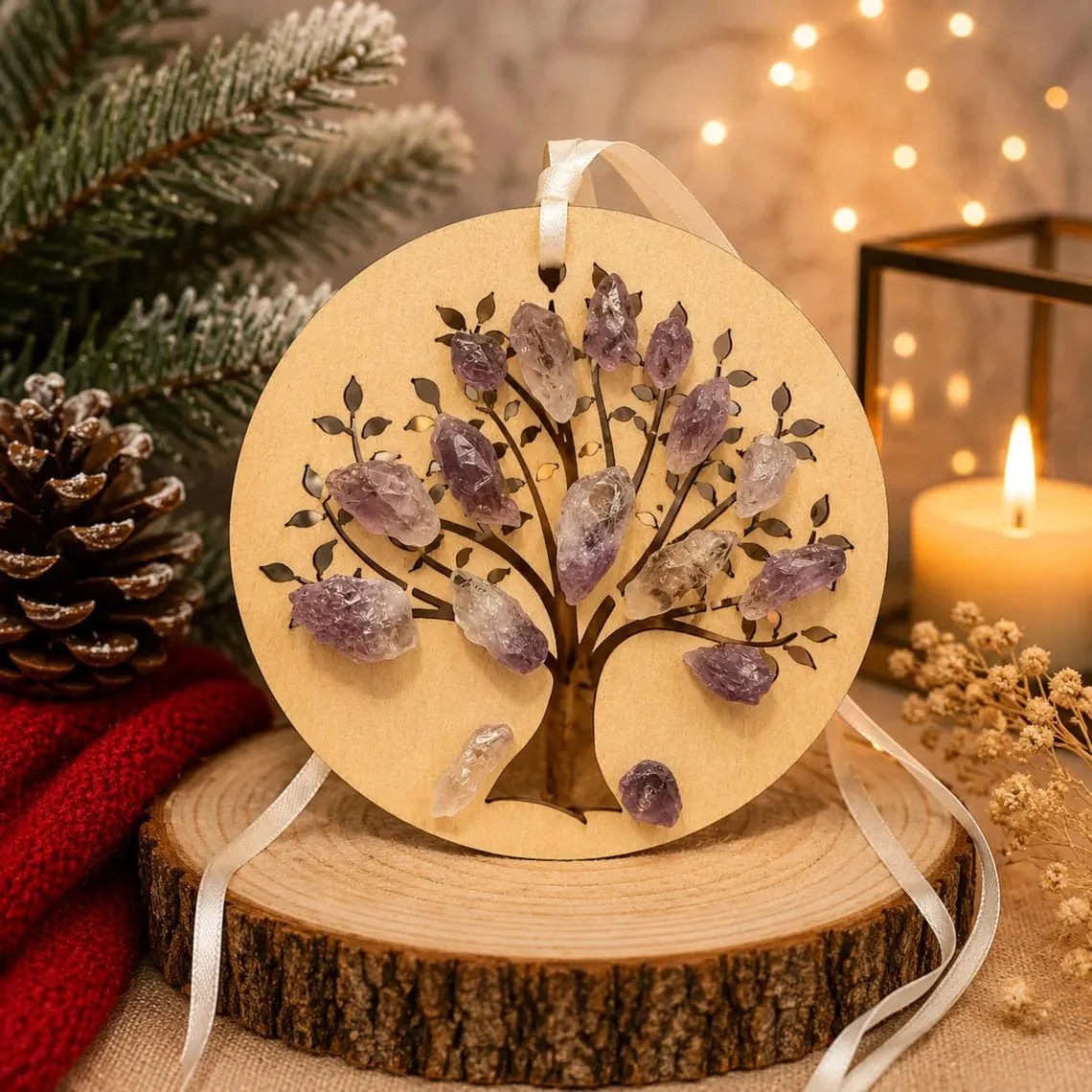 Crafted Amethyst Crystal Wooden Tree of Life Christmas Ornament Relaxed