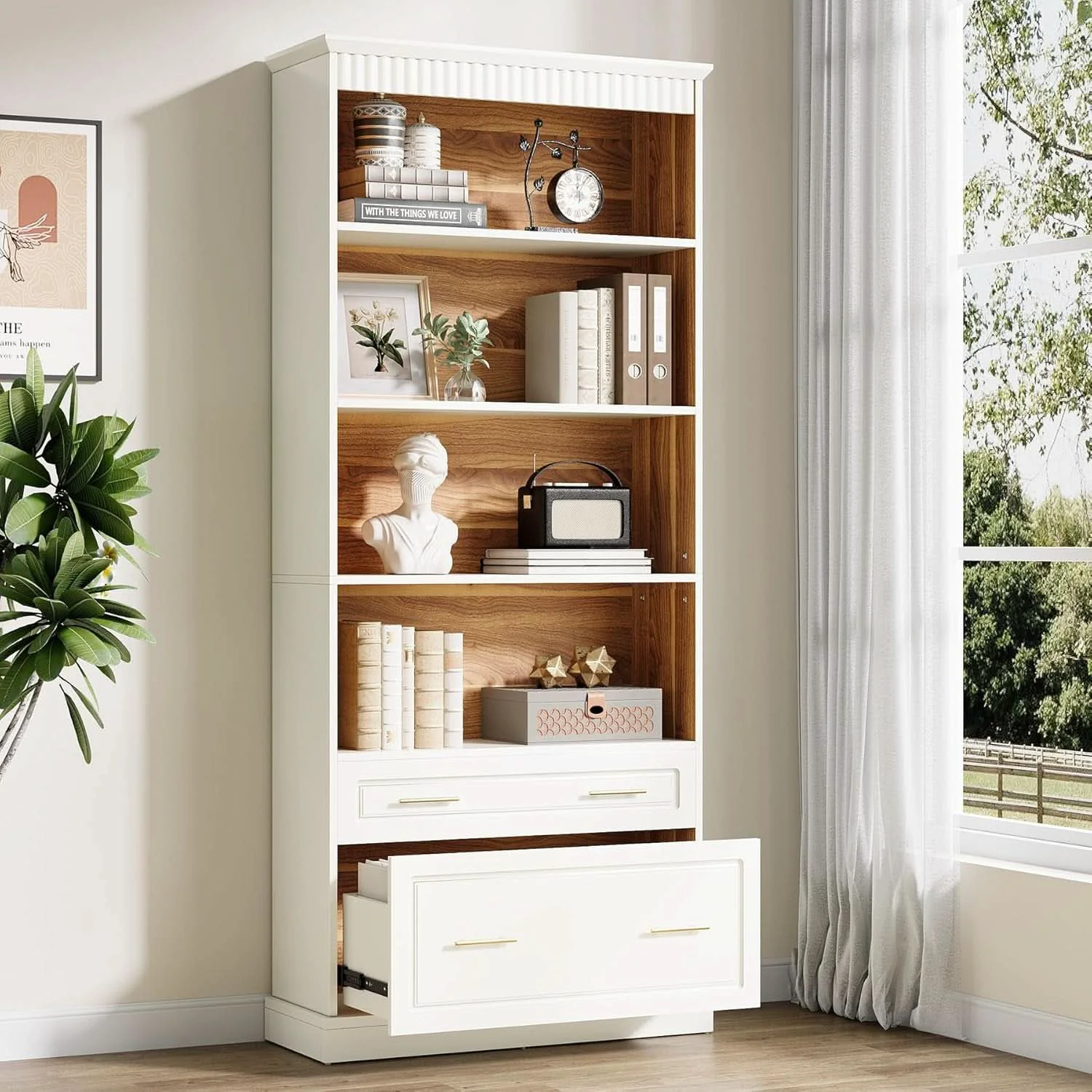 Artisan White standing 72 Inch Bookcase With File Cabinet Soft