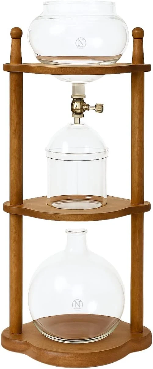 Casual Nispira Cold Brew coffee Maker Ice Coffee Drip Machine with Advanced Slow Drip Technology Borosilicate Glass with Wood Tower 6-8 Cup Brown Fast