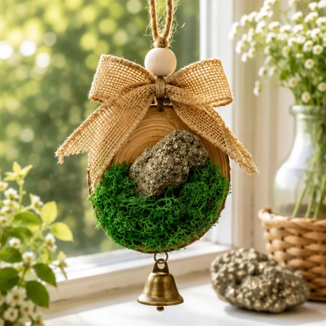 Classic Pyrite Crystal Christmas Ornament Fools Gold Wood Cottagecore Decor Original