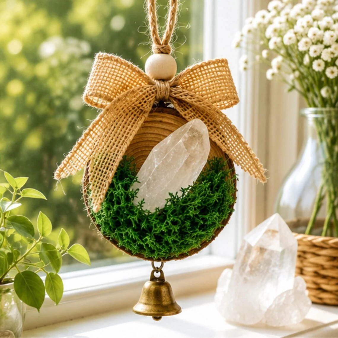 Genuine Clear Quartz Crystal Ornament Cottage Christmas Bell Hanging Decor Exclusive