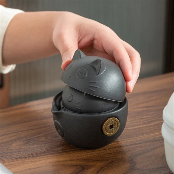 Secure Portable Ceramic Cat Tea Set Solid