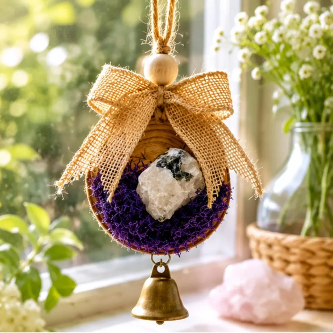Natural Wood Moonstone Crystal Ornament Celestial Christmas Window Decor Authentic