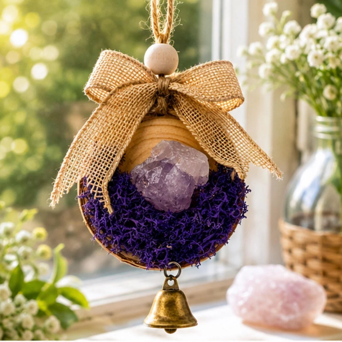 Responsible Amethyst Crystal Wood Ornament Christmas Tree Hanging Bell Decor Solid