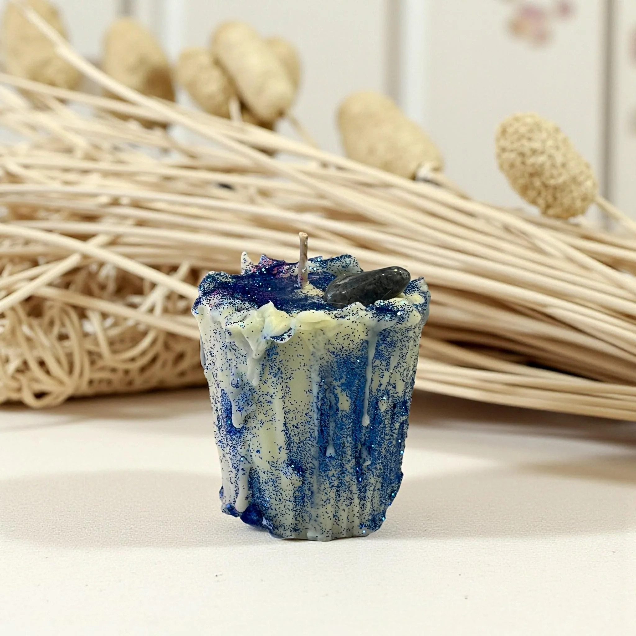 Smart Sodalite Crystal Soy Candle with Blue Glitter Clarity Focus Aromatherapy Organic