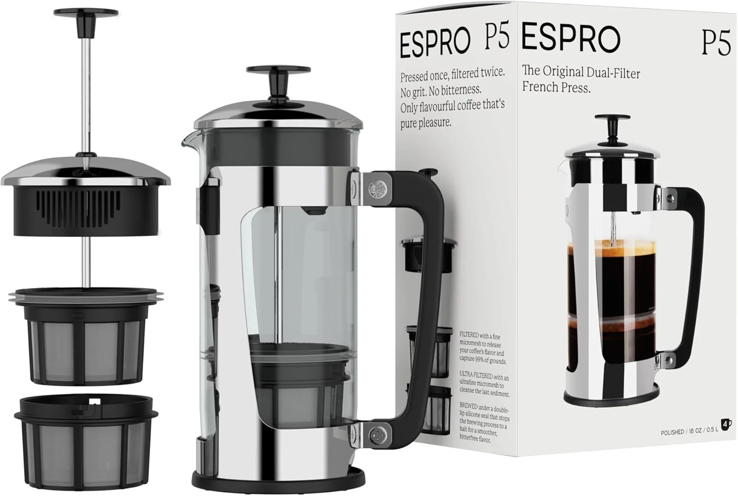 Sustainable Espro - P5 French Press Coffee Maker – Patented Double Microfilter for Sludge and Grit Coffee – Made in Taiwan Black 18 oz Prestigious