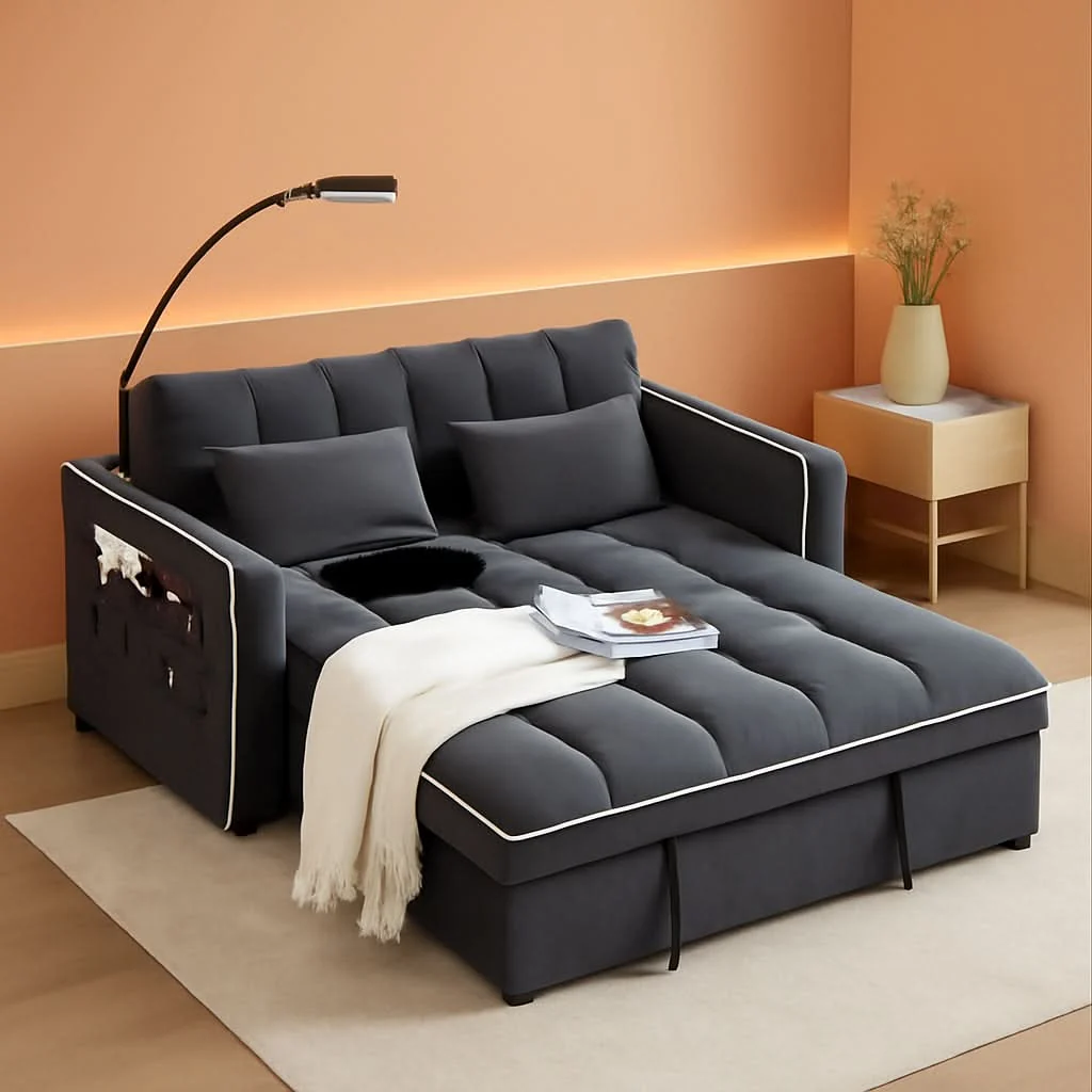 High-Quality Velvet Charcoal Gray Adjustable Convertible Sleeper Sofa Original Design
