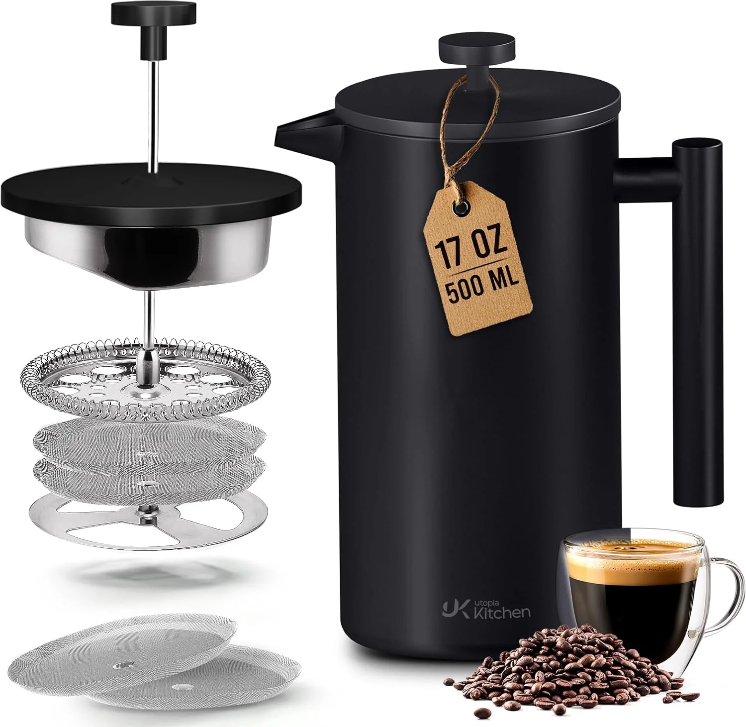 Exclusive Utopia Kitchen 304 Grade Stainless Steel French Press 17 Oz Black Double Wall Insulated Coffee Press with 4-Level Filtration System Include 2 Extra Filters Rust- Dishwasher Safe Premium