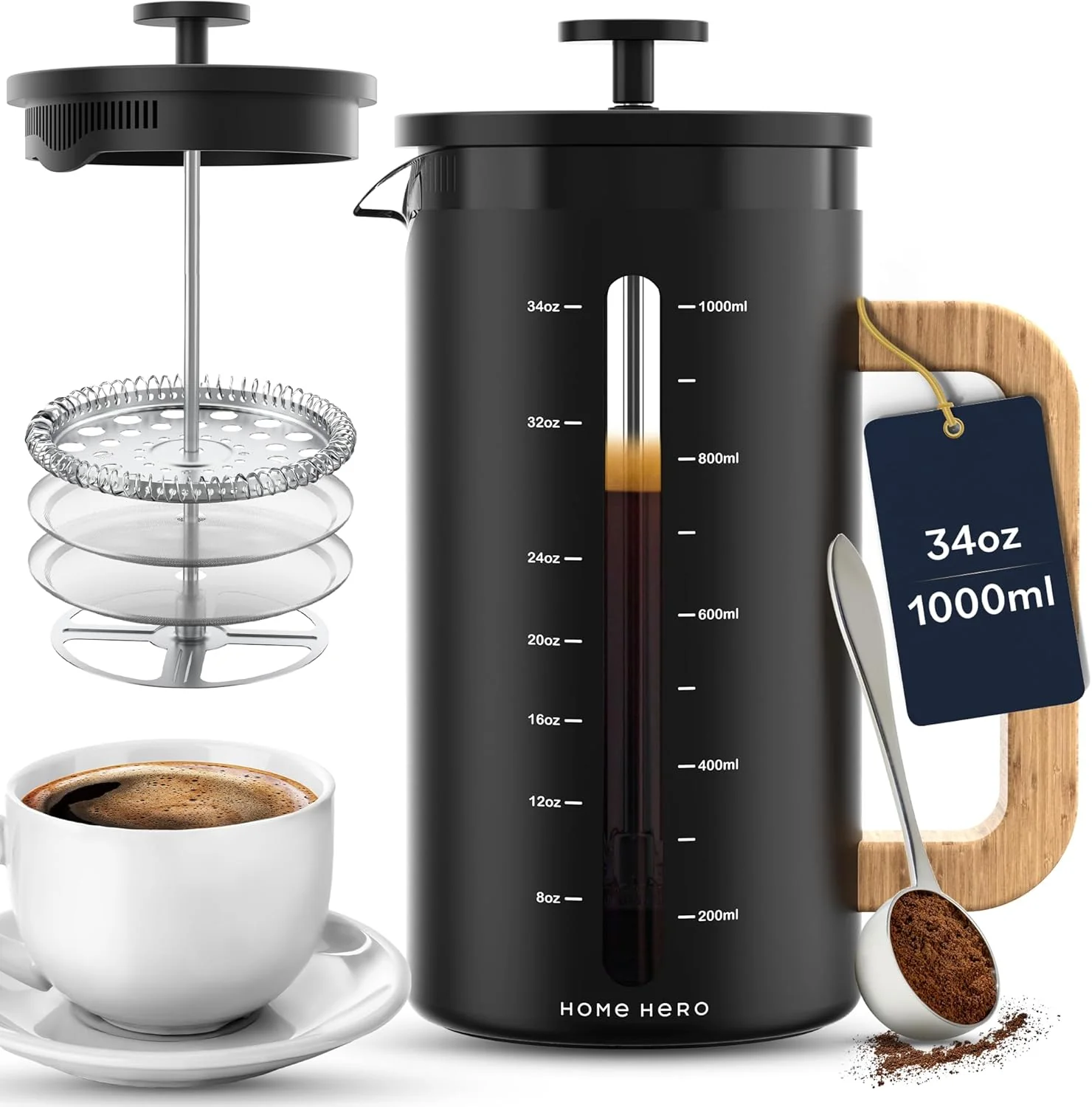 Next-Generation Home Hero French Press Coffee Maker - 34 oz Coffee Press with Bamboo Wood Handle Heat Resistant Thick Borosilicate Glass French Presses Premium Material