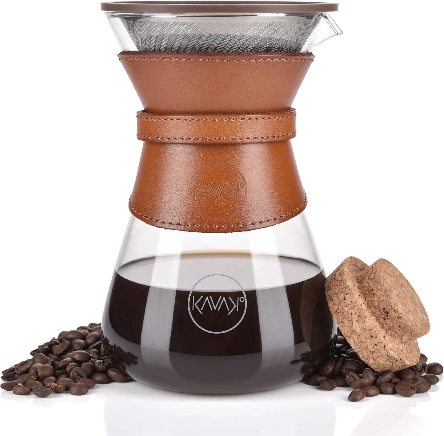 Breathable Pour Over Coffee Maker Set with Double-Layer Stainless Steel Filter Coffee Dripper Cork Lid and Leather Collar Holder - High Heat Resistance Borosilicate Glass Carafe Great Gift Idea 37 oz Detailed