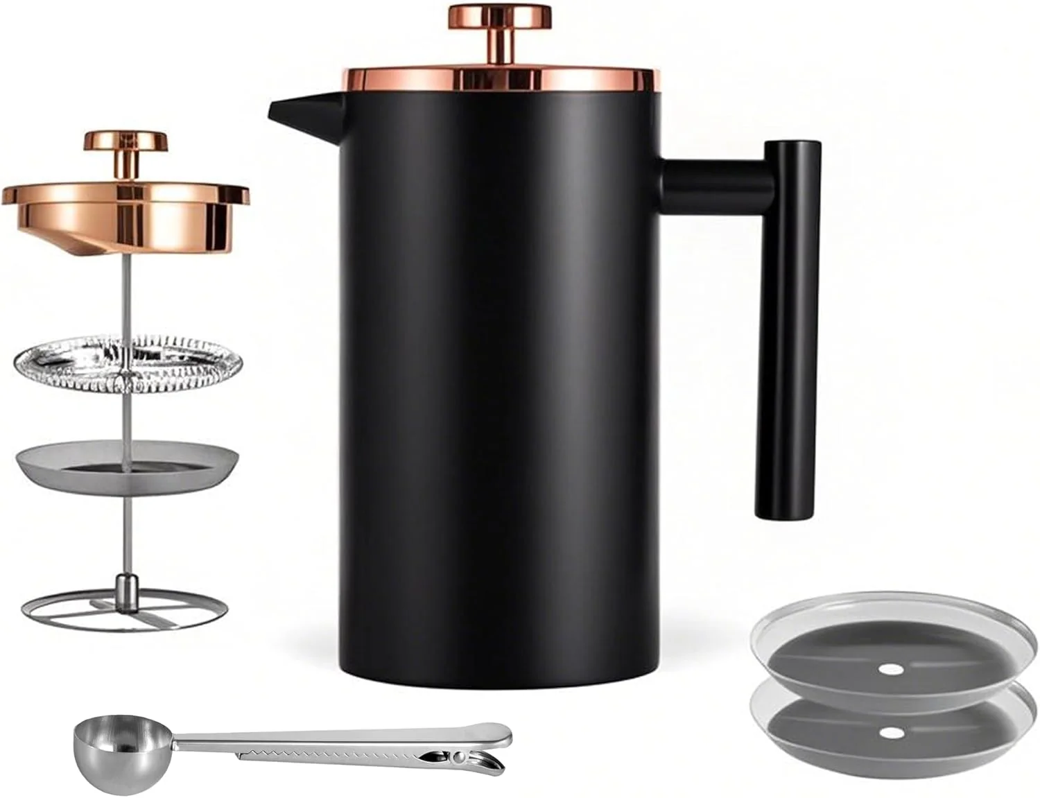 Crafted Small French Press Coffee Maker 350ml 12oz Black Stainless Steel Double-Wall Insulated Included 2 Extra Filters and 1 Coffee Spoon 1 Cup Lightweight