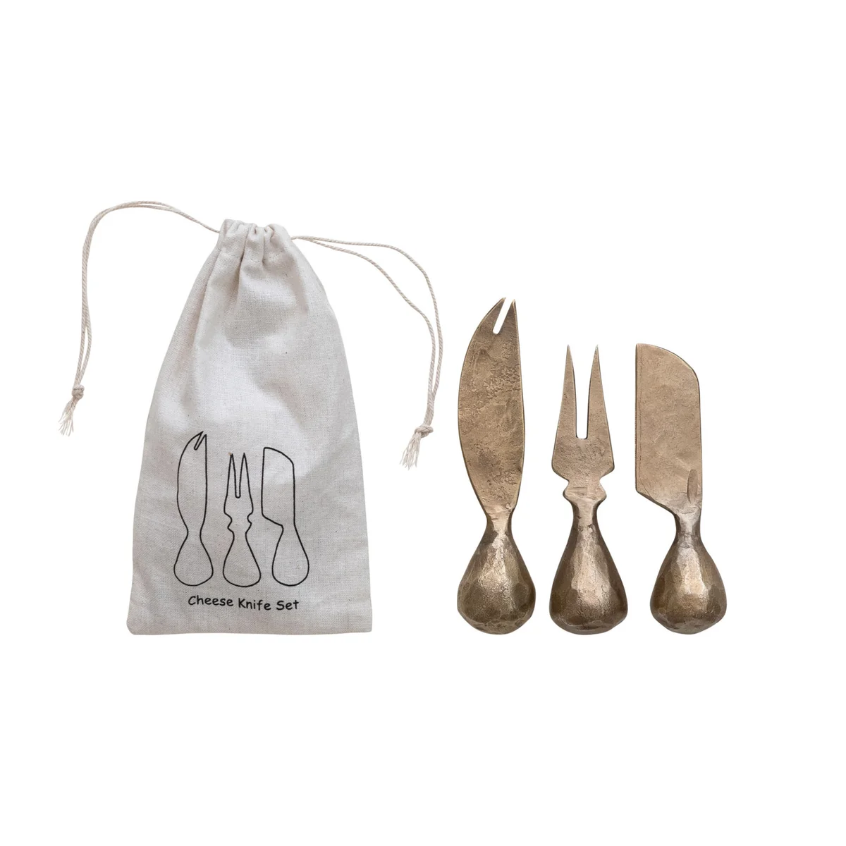 Genuine Hand-Forged Iron Cheese Knives w Hammered Handles Set of 3 in Printed Drawstring Bag Secure