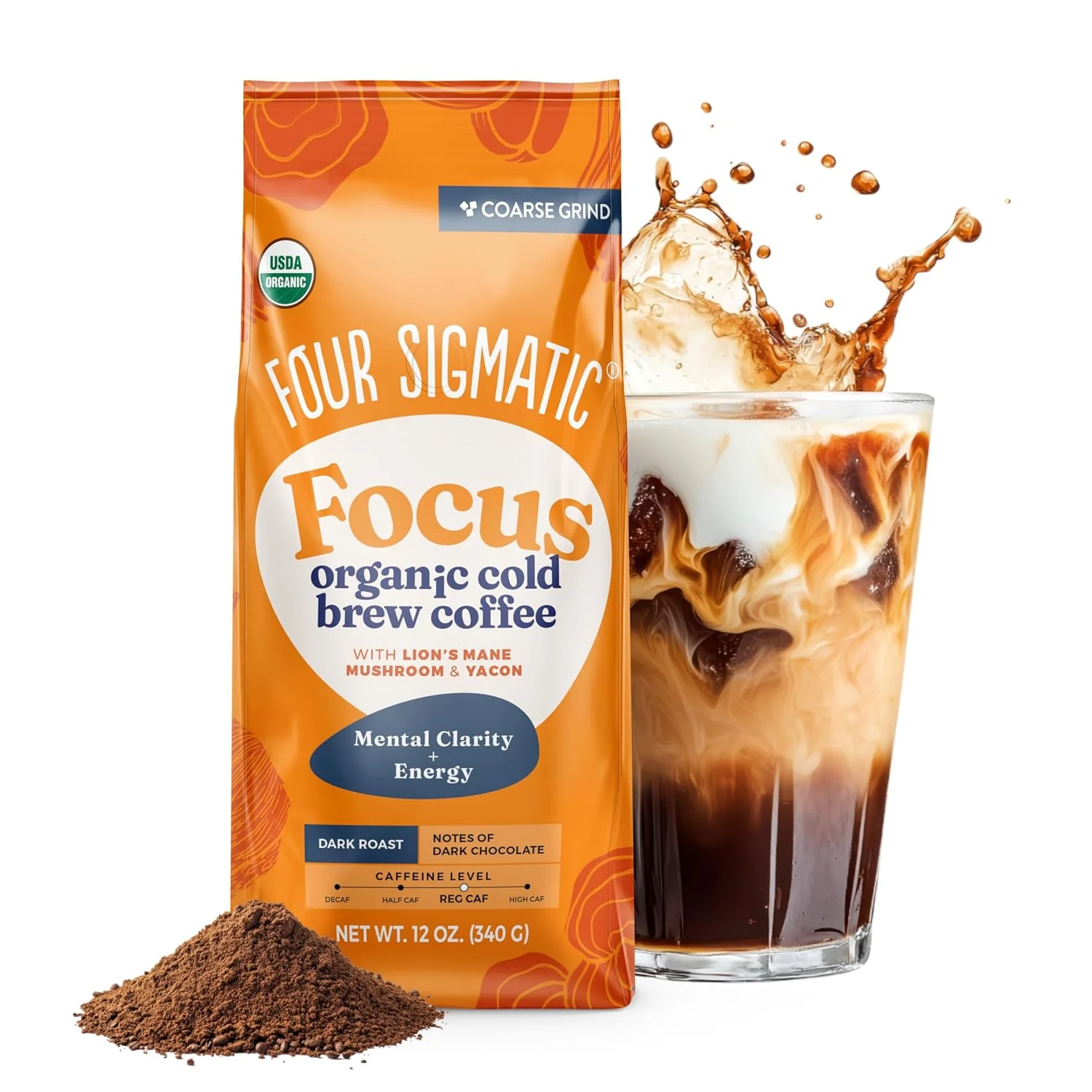 Premium Material Four Sigmatic Organic Cold Brew Coffee Grounds Dark Roast Coarse Grounds with Lion's Mane and Chaga Cold Brew Mushroom Coffee for Crash- Focus 12 oz Bag Secure