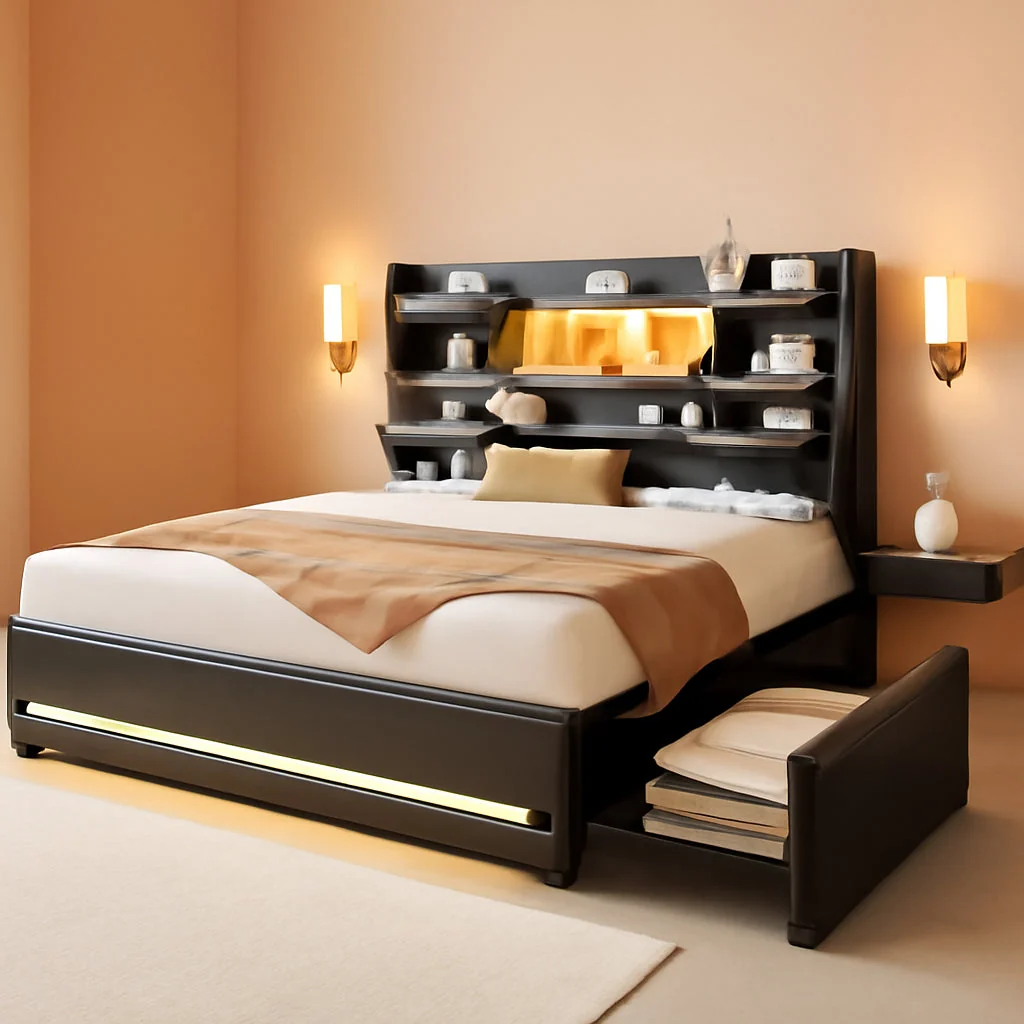 Carefully Designed Queen Luxurious Upholstered Bed Frame RGBLED Lighting First-Class