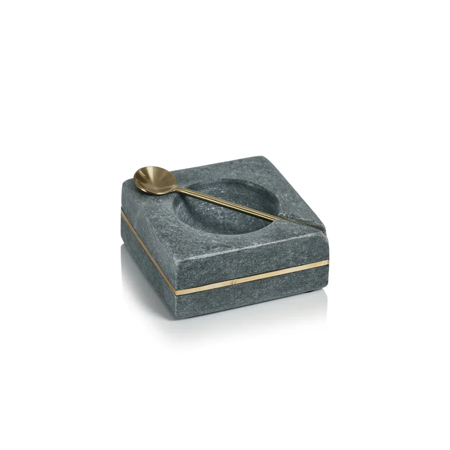 World-Class Marble Square Salt Pepper Bowl w Spoon Quality