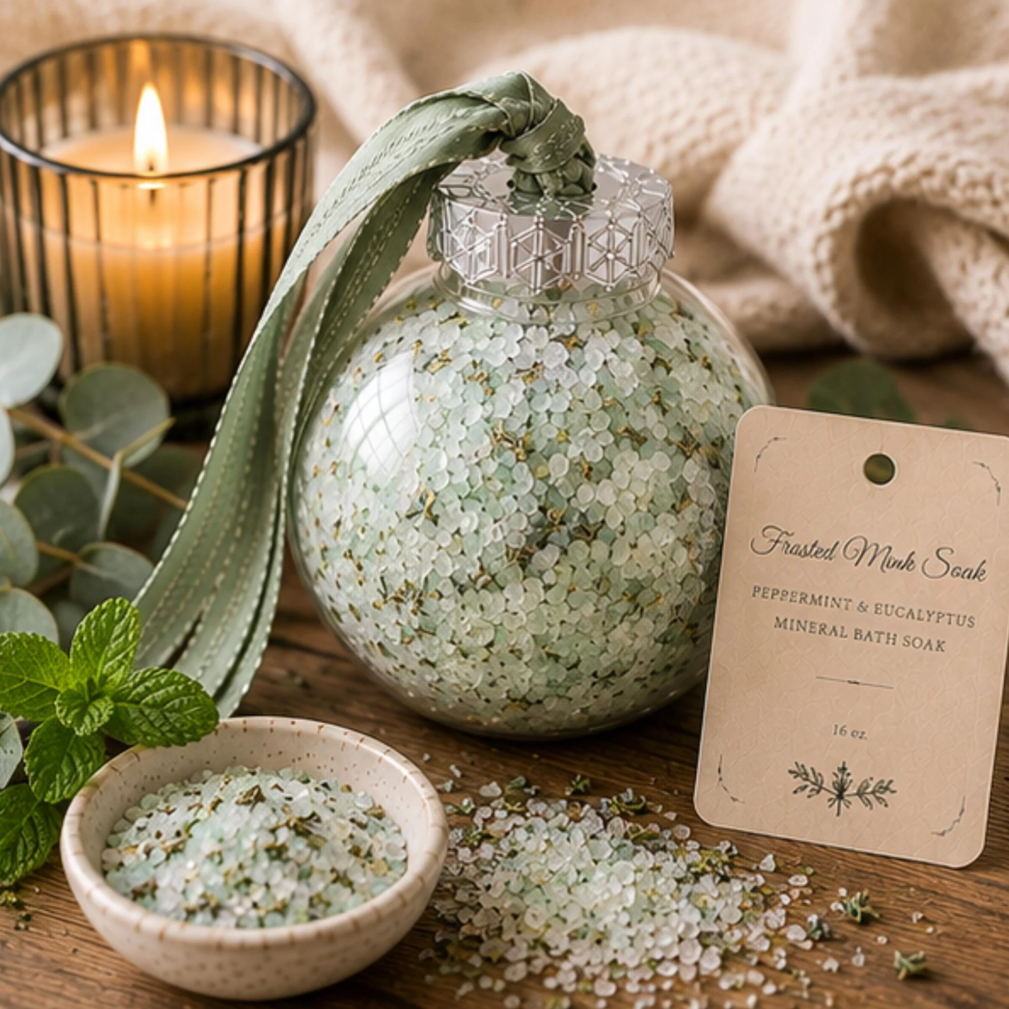 Genuine Peppermint Snow Globe Bath Salt Soak Ornament Botanical Mineral Salts Refreshing Spa Gift Authentic