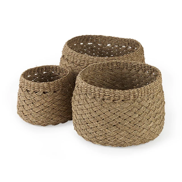 Consistent Jarek Brown Seagrass Round Basket Cross Weave Set of 3 Reusable