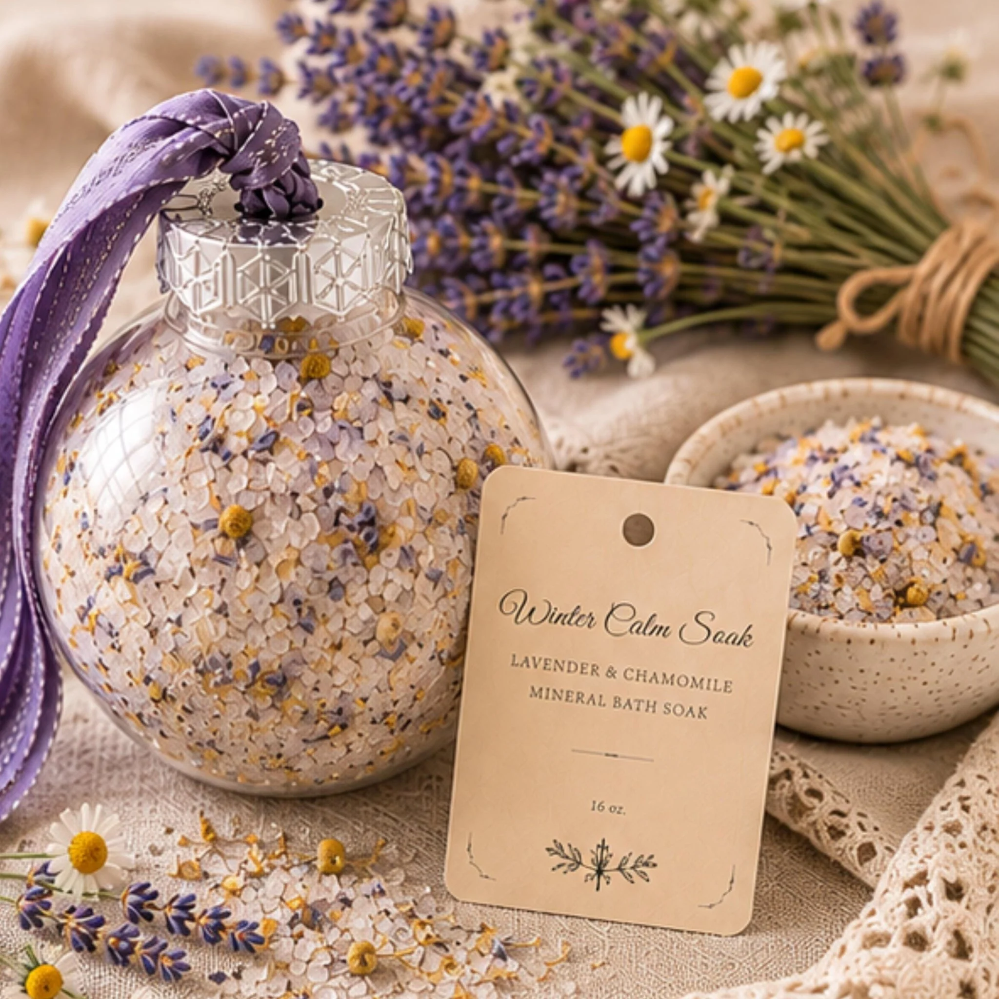 Clean Lavender Snow Globe Bath Salt Soak Ornament Botanical Mineral Salts Relaxation Gift World-Class