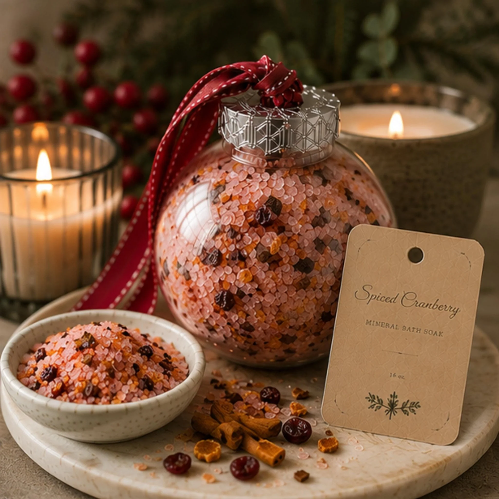 Traditional Spiced Cranberry Snow Globe Bath Salt Soak Ornament Botanical Mineral Salts Christmas Spa Gift Enhanced
