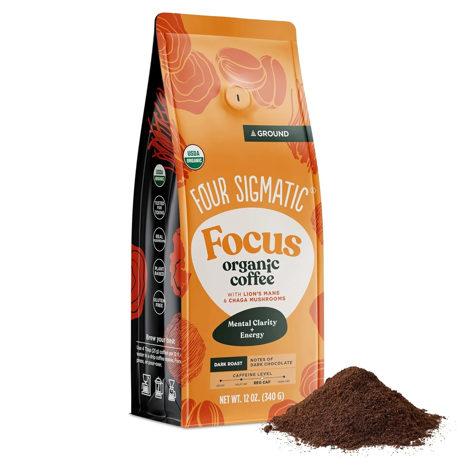 Breathable Four Sigmatic Focus Mushroom Coffee Organic Ground Coffee with Lion's Mane Mushroom and Chaga for Better Focus and Immune Support 12oz Bag Secure
